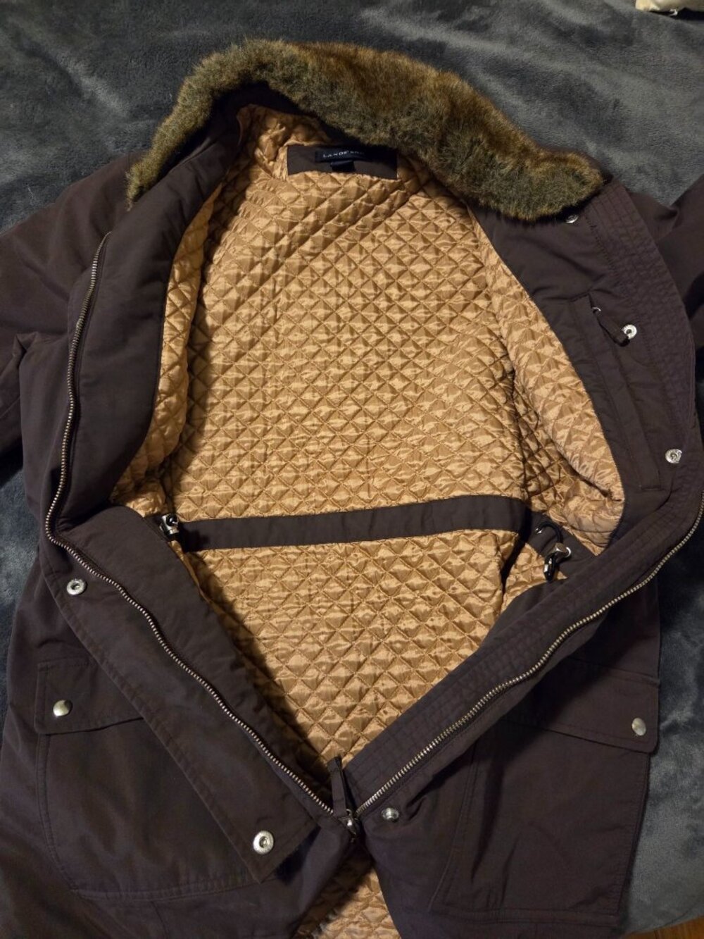 Lands End Womens Brown Parka Coat M 10-12 Faux Fur Collar Quilted Lining Nylon - Picture 8 of 10